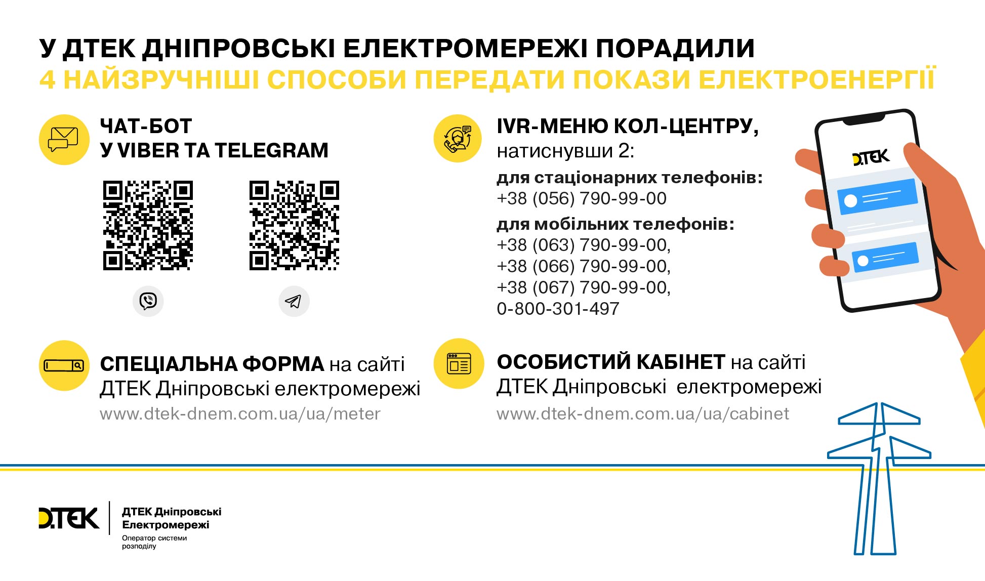 Передати покази лічильника легко та швидко можна через чат-бот ДТЕК Дніпровські електромережі