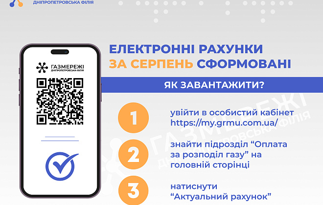 Дніпропетровська філія «Газмережі»: електронні рахунки за розподіл газу за серпень вже сформовані